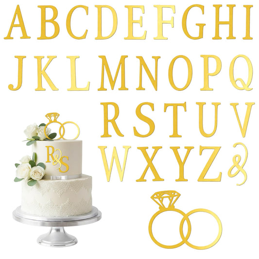 Wedding Cake Topper, Diamond Ring Cake Topper with 26 Letter Personalize Bride and Groom Initial Sign Wedding Cakes Decorations for Engagement Bridal Shower Decor