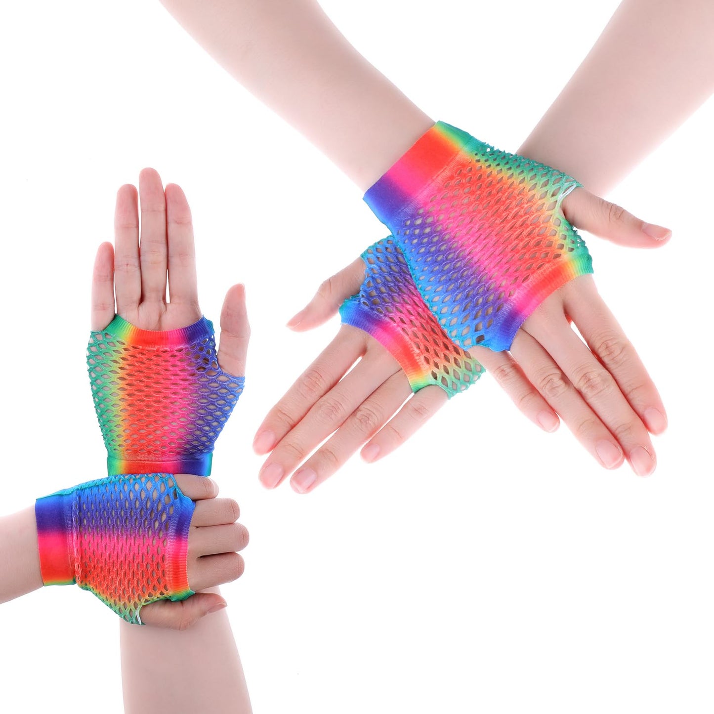 Yolev Rainbow Fishnet Gloves Fingerless 2 Pairs Short Fishnet Mesh Fingerless Gloves 80s 90s Party Cosplay Costume Accessories for Women and Girls