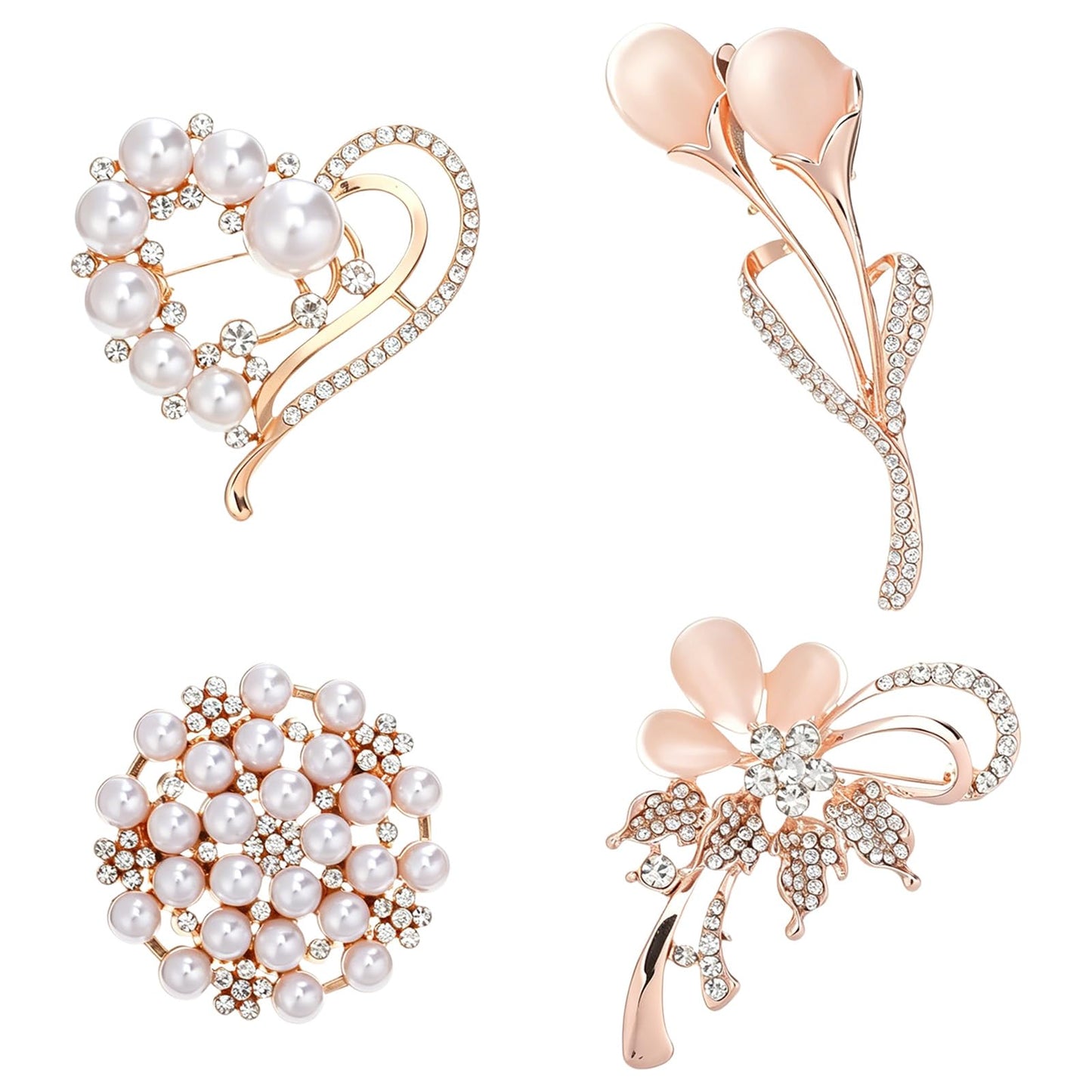 4Pcs Crystal Pearl Brooches and Pins for Women, Gold Flower Brooch Pin