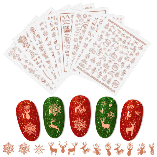 9 Sheets Christmas Nail Stickers Self-Adhesive Christmas Nail Decals Rose Gold Color Snowmen Reindeer Bell Merry Christmas Xmas Tree for Women Girls Nail Decals Nail Art Design Decoration Accessories