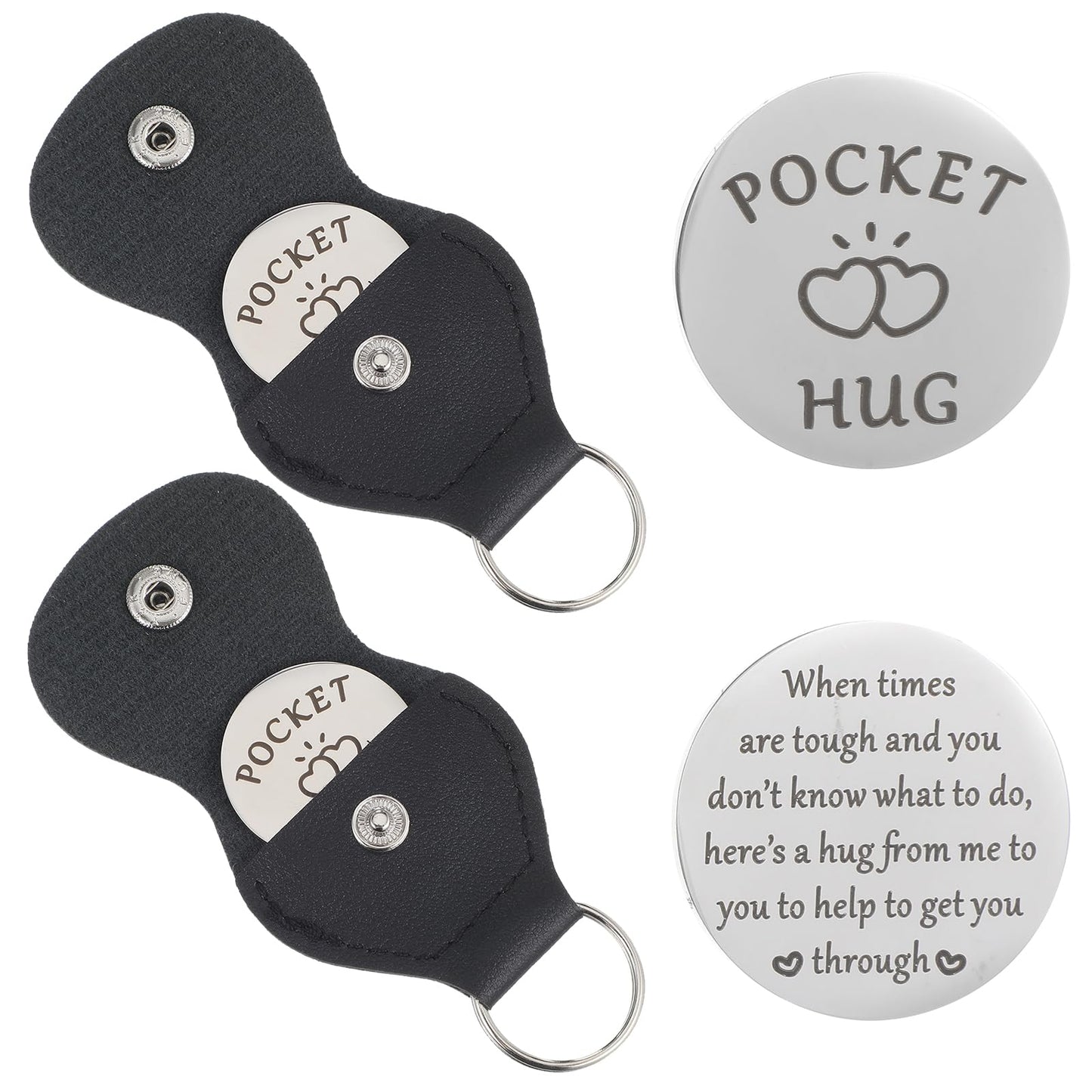 Josojoou 2pcs Pocket Hug Token Pocket Hugs for Friends with Leather Keychain Long Distance Relationship Keepsake Stainless Steel Double Sided Inspirational Gift