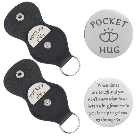 Josojoou 2pcs Pocket Hug Token Pocket Hugs for Friends with Leather Keychain Long Distance Relationship Keepsake Stainless Steel Double Sided Inspirational Gift