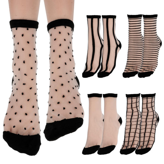 Lusofie 5 Pairs See Through Socks Checkered Dot Striped Plaid Sheer Black Socks Ankle Transparent Mesh Summer Socks for Women Thin Fashion (Style A)