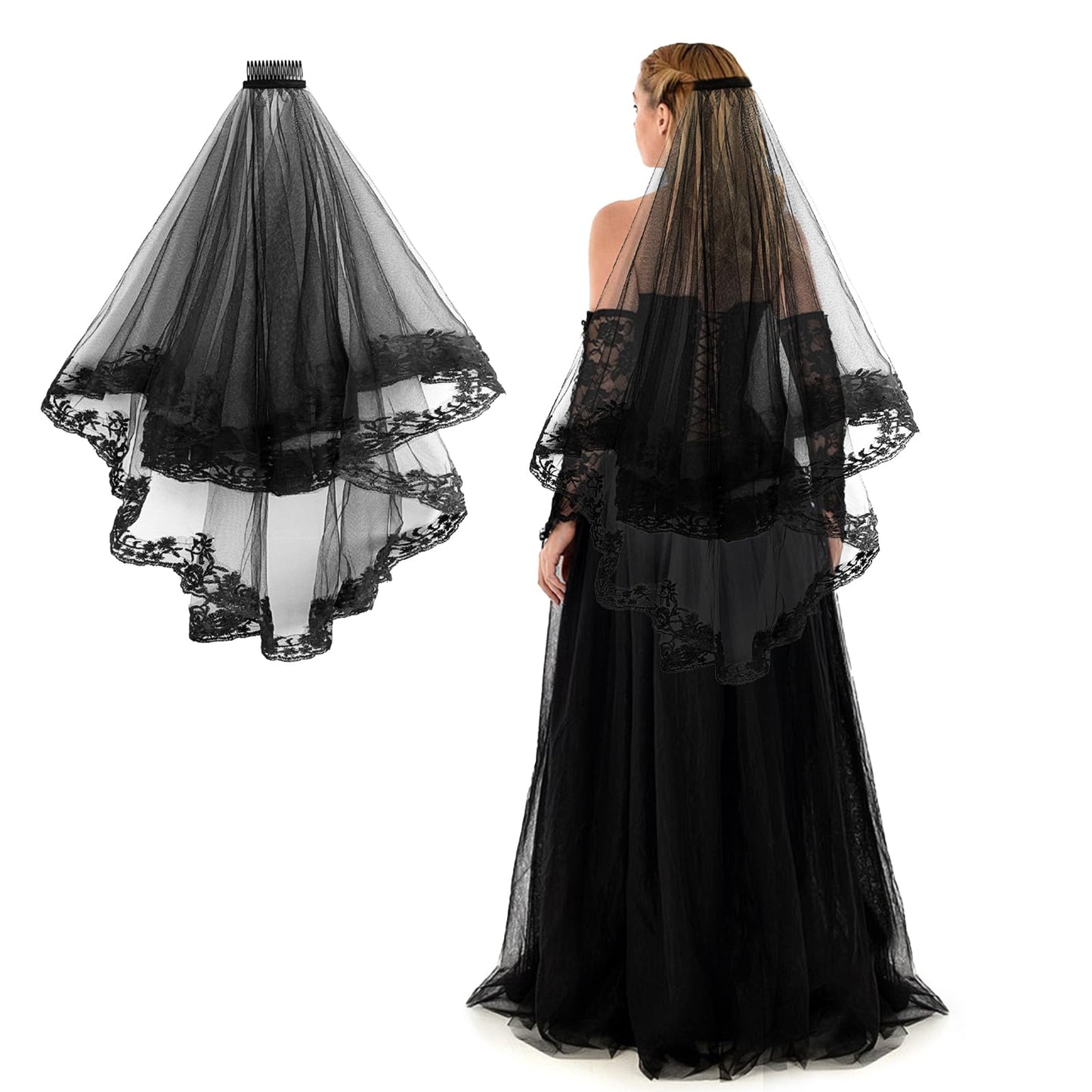 Black Lace Veil Bridal Wedding Veils Halloween Black Veil for Funeral Creative Cathedral Tulle with Comb Black Veils for Women Party Cosplay Bridal Shower