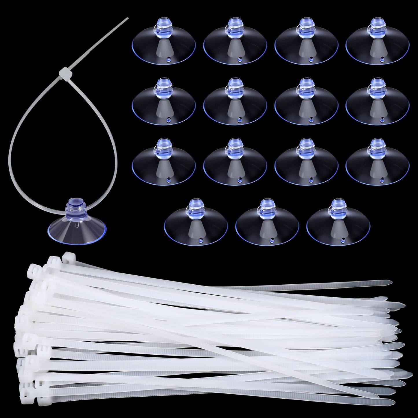 HaiFafafaing 15 Pcs Suction Cups with 30 Pcs Zip Ties, Transparent Suction Cups for Aquarium, Plants Binding, Moss Shrimp Nest Landscape Fixation, Utility Sucker Pads for Kitchen Hanging Organization