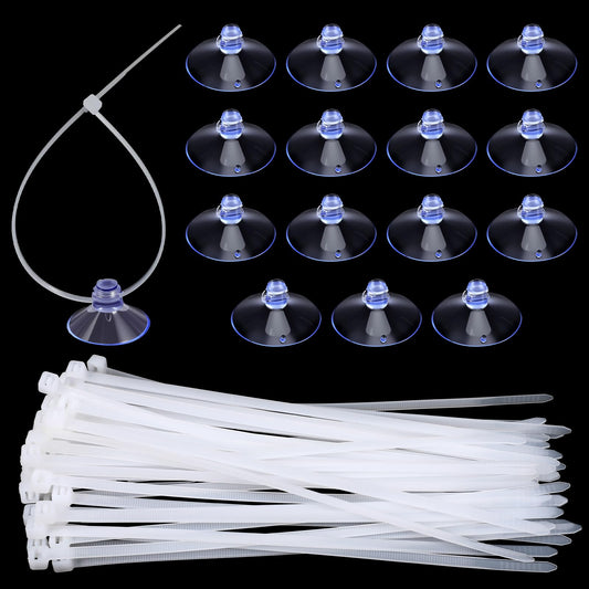 HaiFafafaing 15 Pcs Suction Cups with 30 Pcs Zip Ties, Transparent Suction Cups for Aquarium, Plants Binding, Moss Shrimp Nest Landscape Fixation, Utility Sucker Pads for Kitchen Hanging Organization