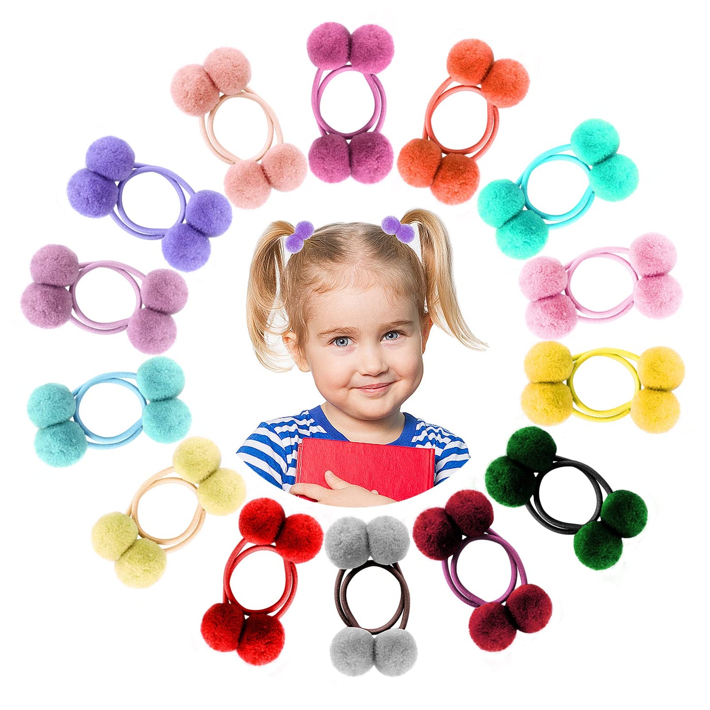 Lusofie 28Pcs Pom Pom Hair Tie,Cute Elastic Hair Bands Soft Ponytail Holders Hair Accessories Hair Ties for Girls Toddler