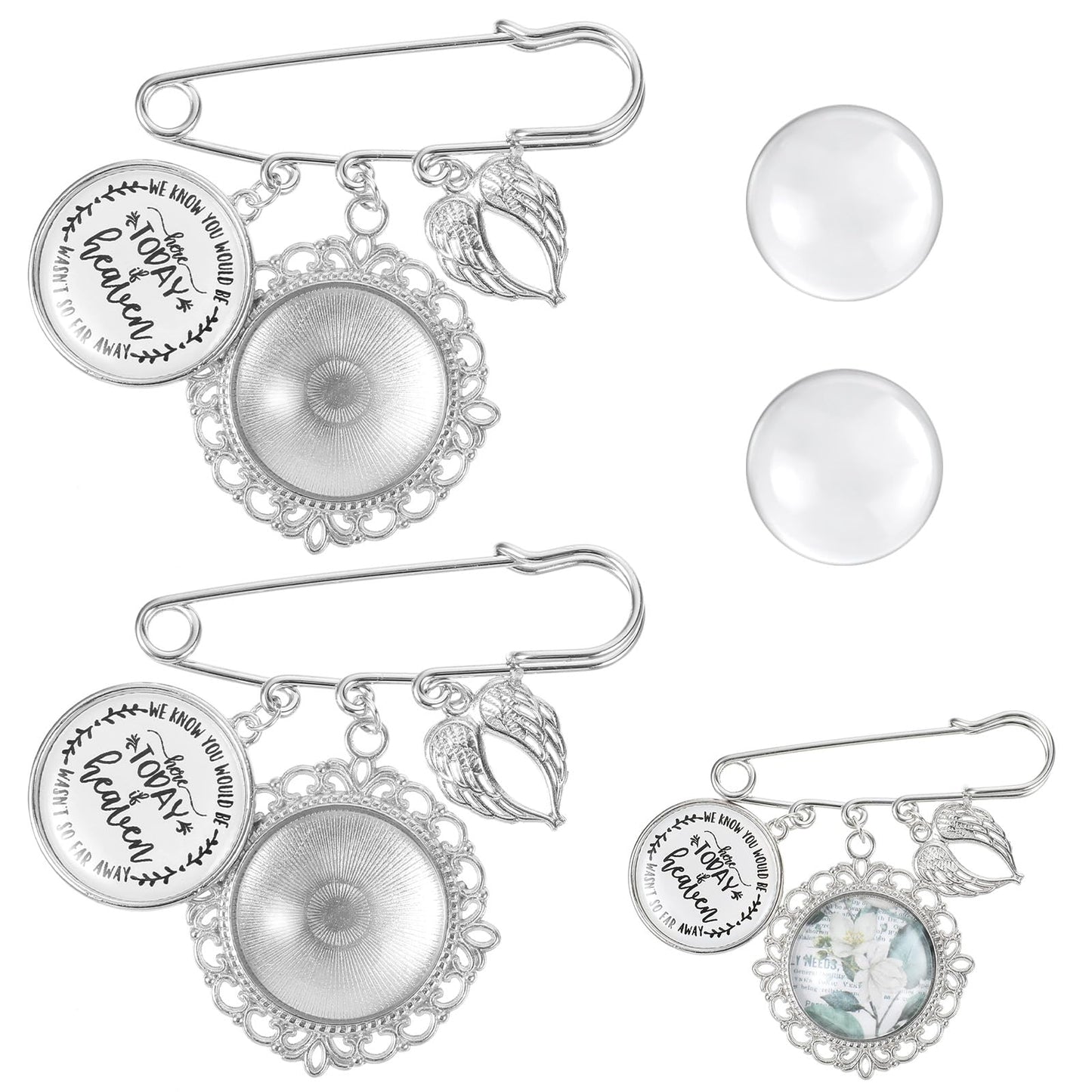 2PCS Wedding Bouquet Photo Charms, Lacy Frame Charm DIY Memorial Pin with Angel Wing,Oval Glass Bridal Bouquet Pins for Wedding Memory Mother of Bride or Groom or Flowers Graduation Cap Decoration