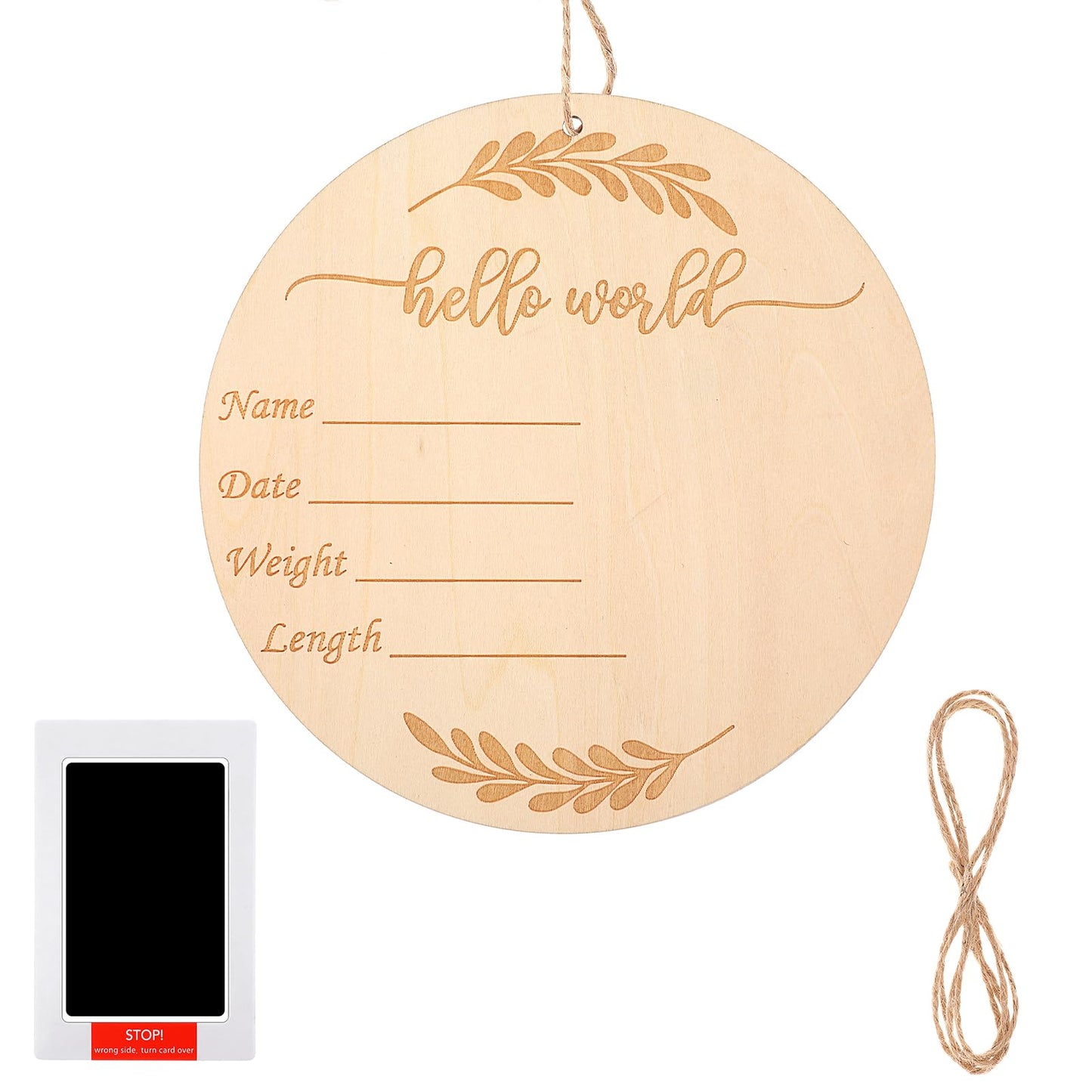 Lusofie Baby Announcement Sign Wooden Birth Announcement Sign for Hospital 5.9 Inch Hello World Newborn Sign with Ink Pad for Baby Hand and Footprints for Baby Shower Keepsakes