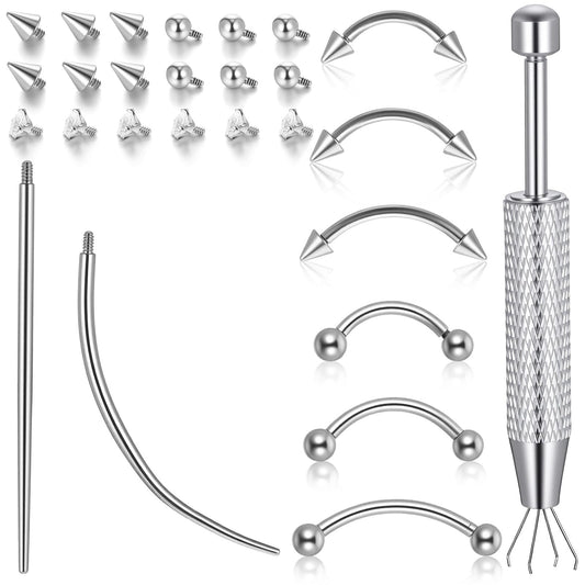 Eyebrow Piercing Jewelry with Piercing Tool, Surgical Steel Curved Barbell with CZ, Ball & Spike Replacement Ends, Internally Threaded Eyebrow Rings Rook Ring Vertical Labret Lip Jewelry for Women Men