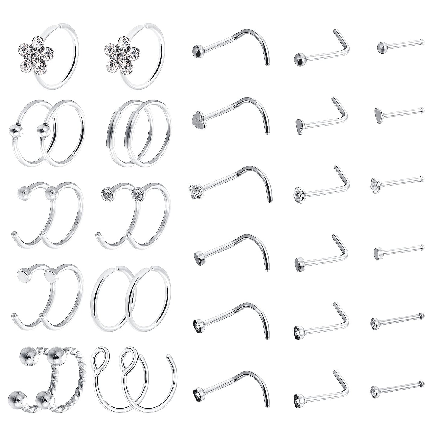 Yolev 36PCS 20g Stainless Steel Nose Rings Hoop L Shape Nose Studs Nose Screw Bone Silver Rose Gold Black Rainbow Pack Steel Faux Nose Piercing Nose Cuffs for Women Men