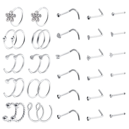 Yolev 36PCS 20g Stainless Steel Nose Rings Hoop L Shape Nose Studs Nose Screw Bone Silver Rose Gold Black Rainbow Pack Steel Faux Nose Piercing Nose Cuffs for Women Men