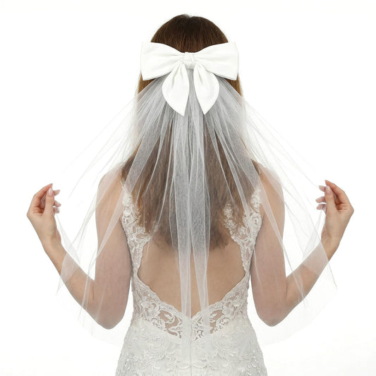 Ziuohaa White bow veil Clip - Tulle veils for women wedding - bridal bow velo de novia para boda Elegant Wedding Hair Accessories For Bachelorette Party And Bridal Shower