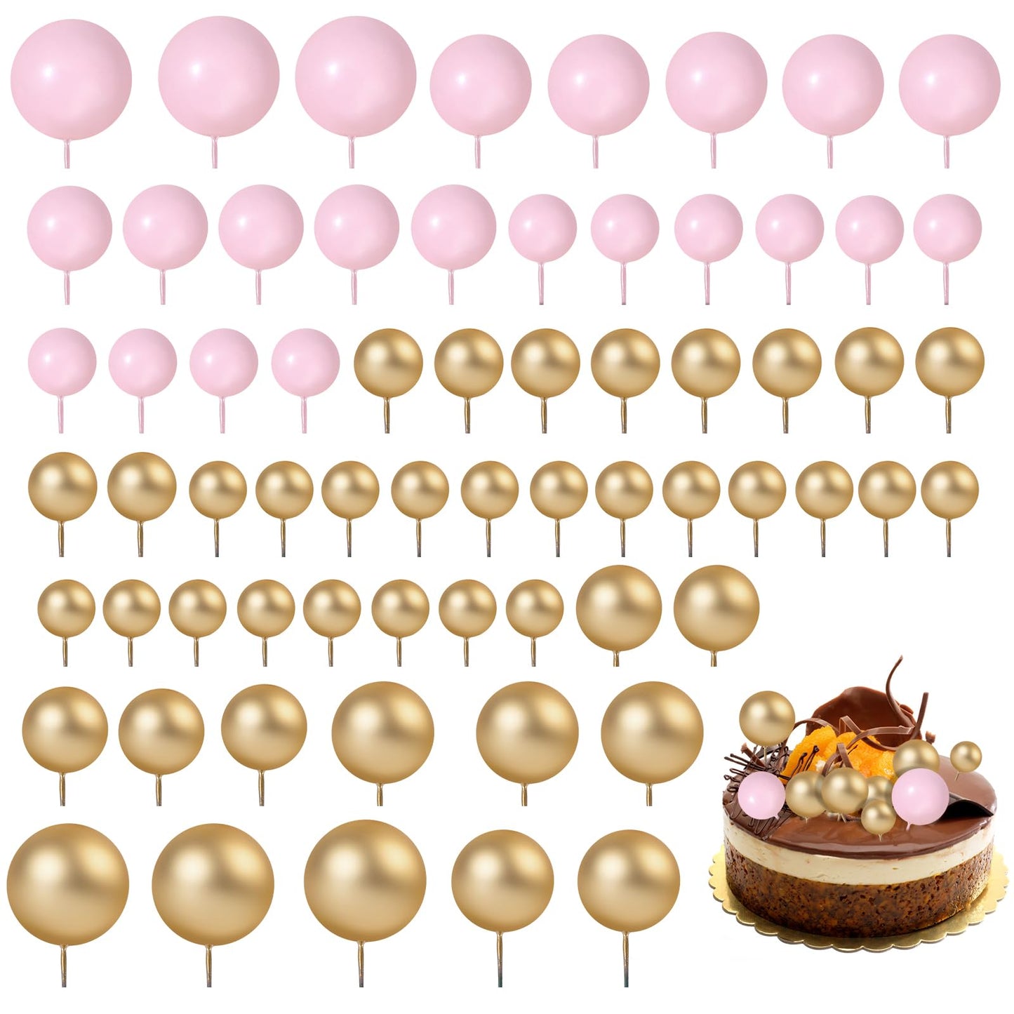 66 Pieces Gold and Pink Cake Balls 4 Size Pink and Gold Balls for Cakes Balloon Cake Topper Pink and Gold Ball Cake Decorations for Birthday Party Wedding Anniversary Baby Shower(Gold,Pink)