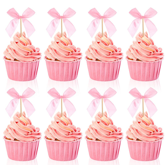 60pcs Pink Bow Cupcake Toppers, Pink Bow Cake Topper,Coquette Themed Party Decorations for Bachelorette Bridal Engagement Wedding Baby Shower Party
