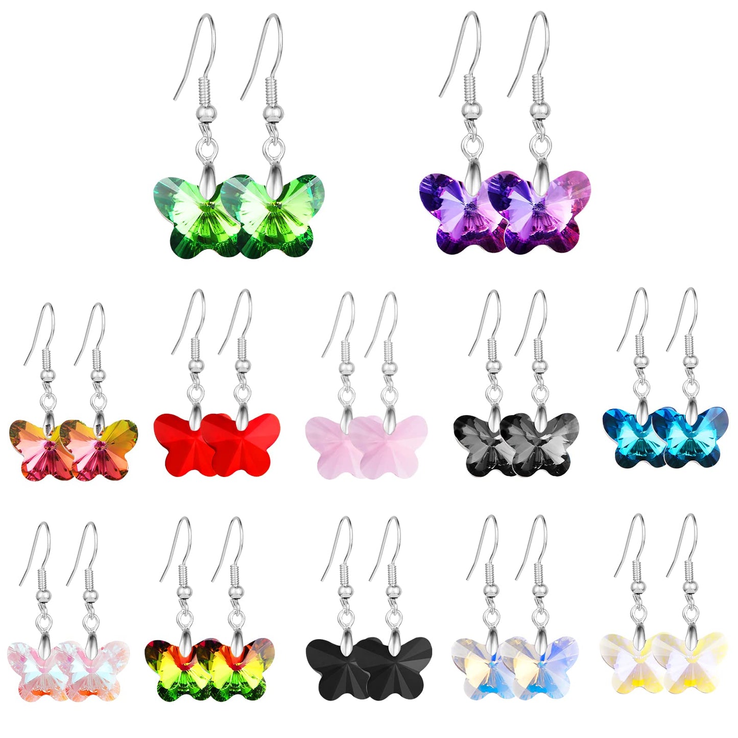 Yolev 12 Pairs Crystal Butterfly Earrings Set Crystal Dangle Drop Earrings Rainbow Crystal Earrings for Women Girls (Butterfly)