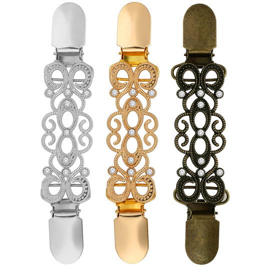 Yolev 3PCS Tie Up Sweater Clip and Scarf Clip Set, Vintage Dress Clips Back Cinch Clip for Clothing Clip Dresses Shawl Clip Cardigan Flower Patterns Clip for Women Girls