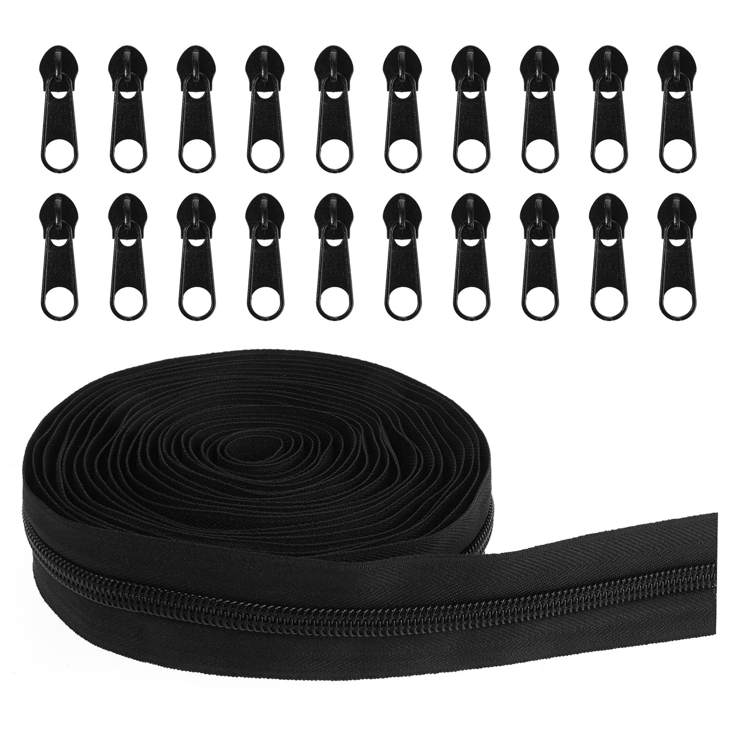 #5 Nylon Coil Zippers by The 5 Yards Black， zipper pull replacement with 20PCS Zipper Sliders for DIY Sewing Craft Bags