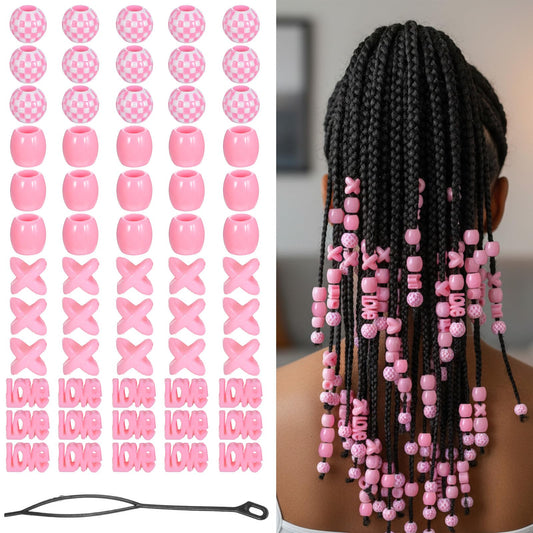 60 Pcs Pink Hair Beads, Acrylic Dreadlock Accessories, Multi Shape Braid Jewelry, Hair Cuff Charms For Women And Girls