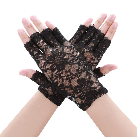 Yolev Women's Short Lace Gloves Fingerless Floral Lace Gloves Gothic Accessories Vintage Opera Gloves Suitable for Wedding Dinner Party Halloween(Black)