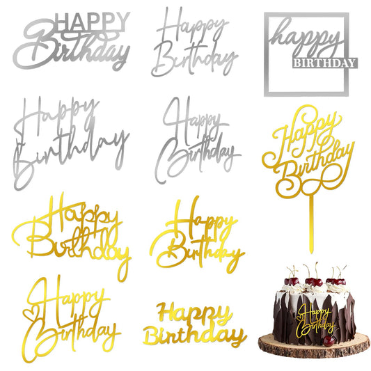 10PCS Happy Birthday Cake Toppers Side Mirror Acrylic Cake Topper Gold Silver Happy Birthday Cake Decorations Cake Inserts Cake Decor Birthday Cupcake Toppers for Birthday Party Cake Desserts Supplies