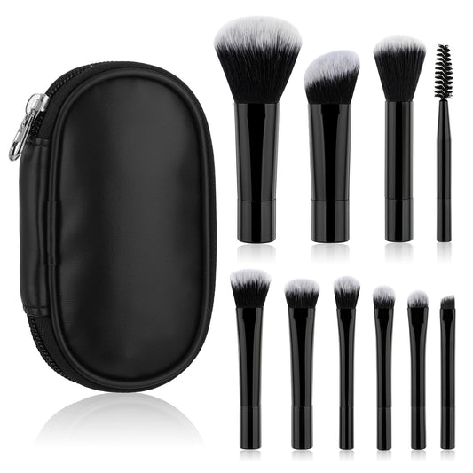 10 Pcs Travel Makeup Brush Set Mini Makeup Brushes With Storage Bag Portable Travel Minis Make Up Brushes Easy-Taken Full Complete Function Synthetic Foundation Powder Eye Shadow Contour Blush(Black)