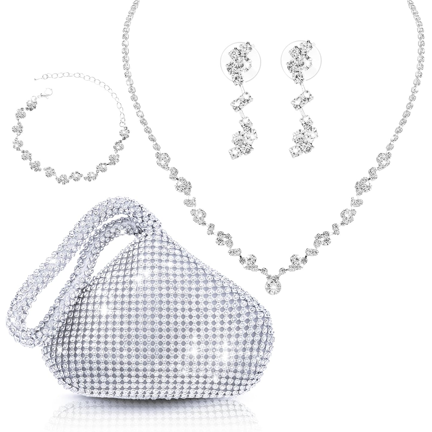 Wedding Bridal Jewelry Set Silver Clutch Purse Bag Rhinestone Evening Bag Necklace Bracelet Earrings Brides Bridesmaid Prom Costume Jewelry Set for Women and Girls