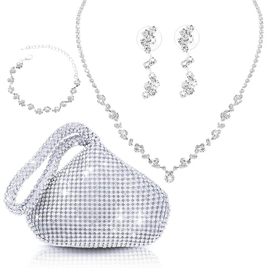 Wedding Bridal Jewelry Set Silver Clutch Purse Bag Rhinestone Evening Bag Necklace Bracelet Earrings Brides Bridesmaid Prom Costume Jewelry Set for Women and Girls