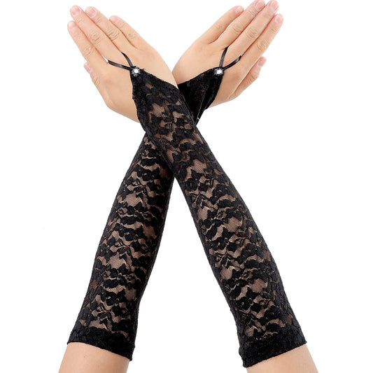 Long Fingerless Lace Gloves for Women Floral Lace Gloves Vintage Elbow Length Long Gloves for Wedding Dinner Parties (Black)