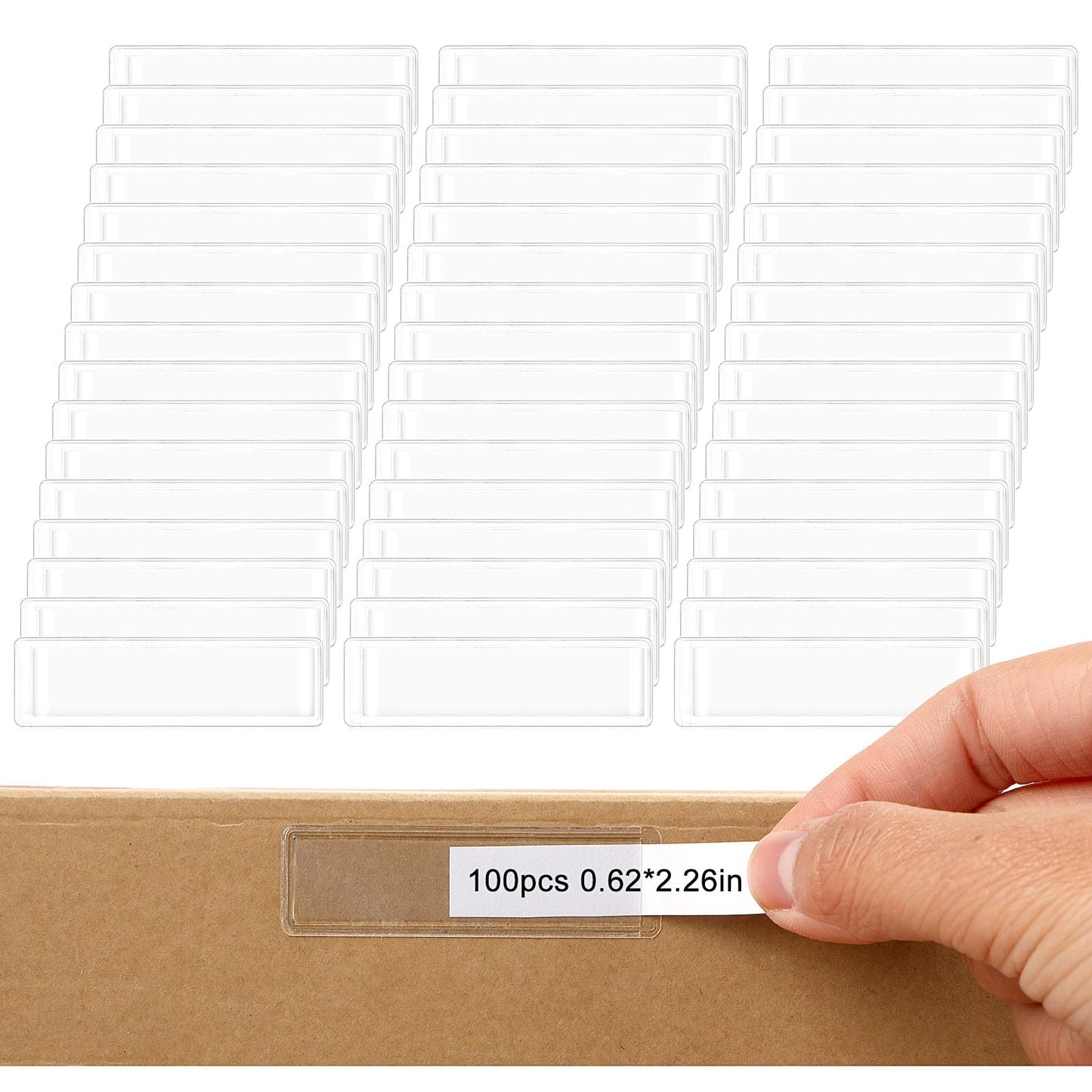 100Pcs Label Holders Adhesive Shelf Tag Clear Plastic Pockets Label Sleeves File Cabinet Storage Bins Label Holder for School Library Supplies(2.26 x 0.63inch)