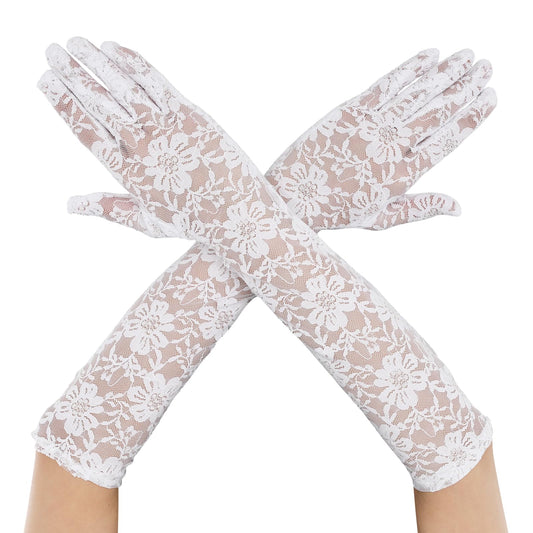 Women's Long Lace Floral Gloves Elbow Length Gloves Bridal Dance Gloves Stretchy Wedding Tea Party Gloves 1920s Costume (White)