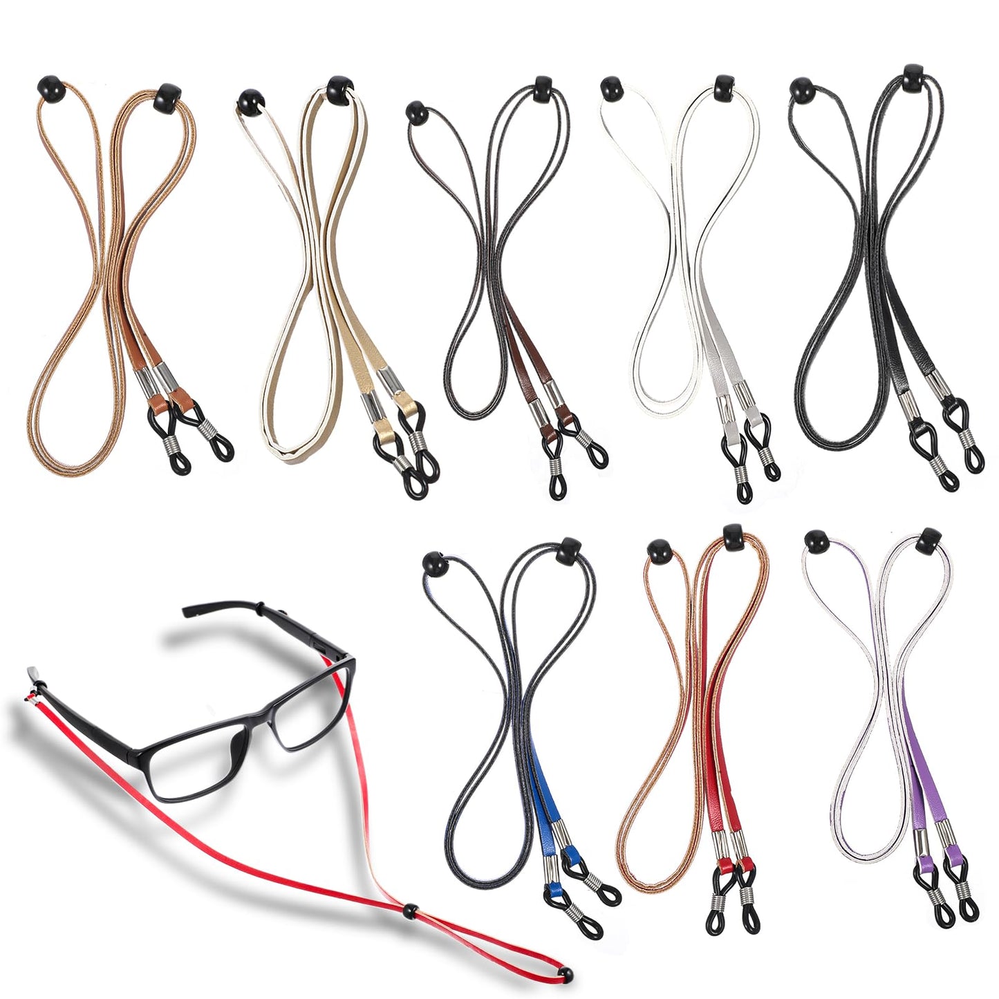 Tucnoeu 8pcs Glasses Strap,Universal Leather Eyeglass Chain,Adjustable Eyeglass Strap,8 Colour Eyeglass Holder around Neck,Safety Eyewear Retainers for Men,Women and Kids
