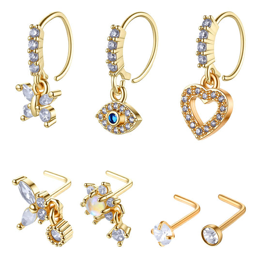HaiFafafaing 7 Pcs Dangle Nose Rings Hoops And Studs, 20g Gold Nose Ring, Surgical Stainless Steel L Shaped Piercings