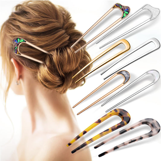 8 Pcs French Hair Pins 8 Style U Shaped Hair Fork Retro 2 Prong Updo Chignon Pins for Women Girls Hairstyle Accessories