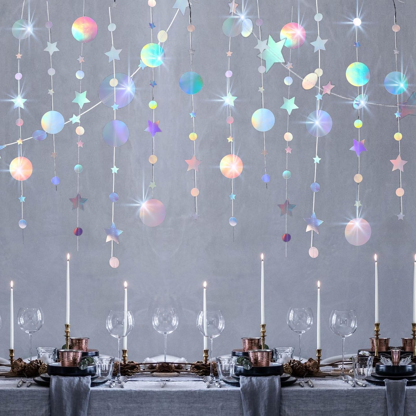 6Pcs Iridescent Party Star Circle Dot Decoration, Glitter Iridescent Garland, Hanging Party Star Streamers Banners for Birthday Wedding Engagement Baby Shower Anniversaries Backdrop(Silver)