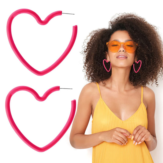 Retro 80 Neon Earrings for Wome Acrylic Heart Shape Hoop Earrings Candy Color Geometric Hoop Earrings for 80's Party (Rose Red)