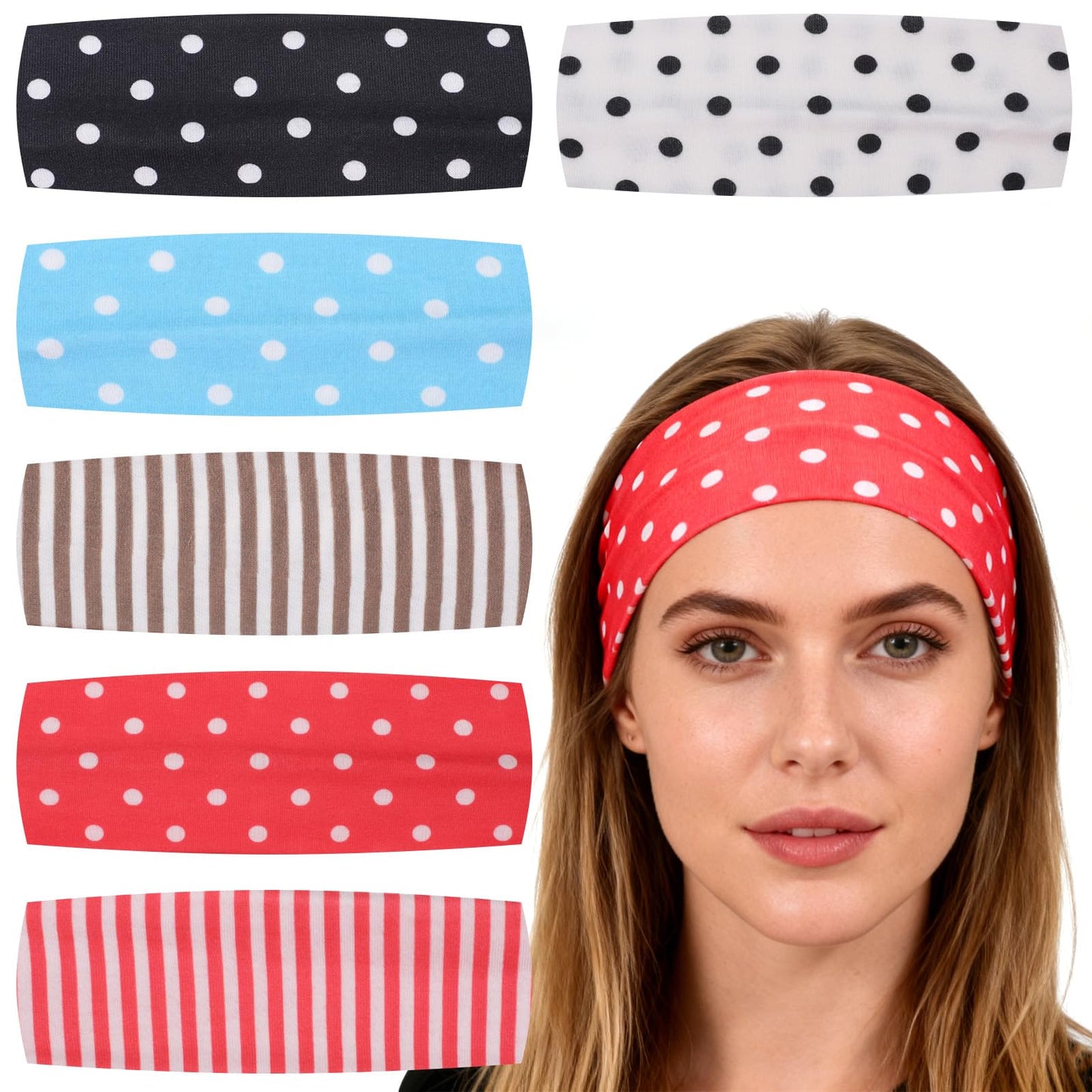 6 Pcs Polka Dot Headbands, Soft Polyester Stripe Head Bands for Women, Elastic Non-Slip Wide Headband for Daily Use, Yoga, Parties, Cosplay