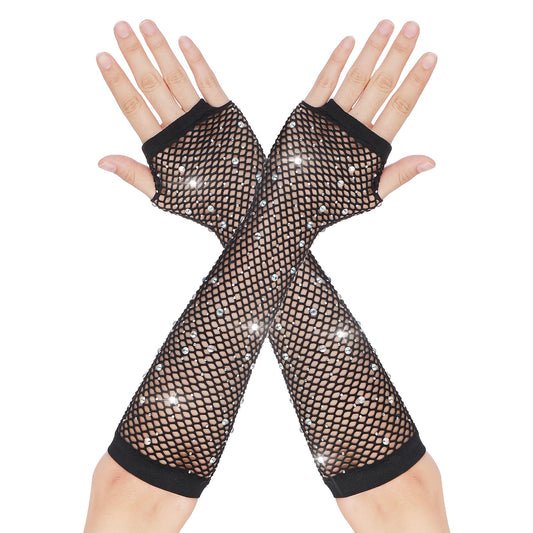 DIVINA VITAE Black Fishnet Rhinestone Gloves Long Fishnet Fingerless Gloves 80s Fish Net Gloves Fashion Fishnet Arm Sleeves Sparkly Mesh Gloves 80 s Emo Scene Accessories for Women Kids