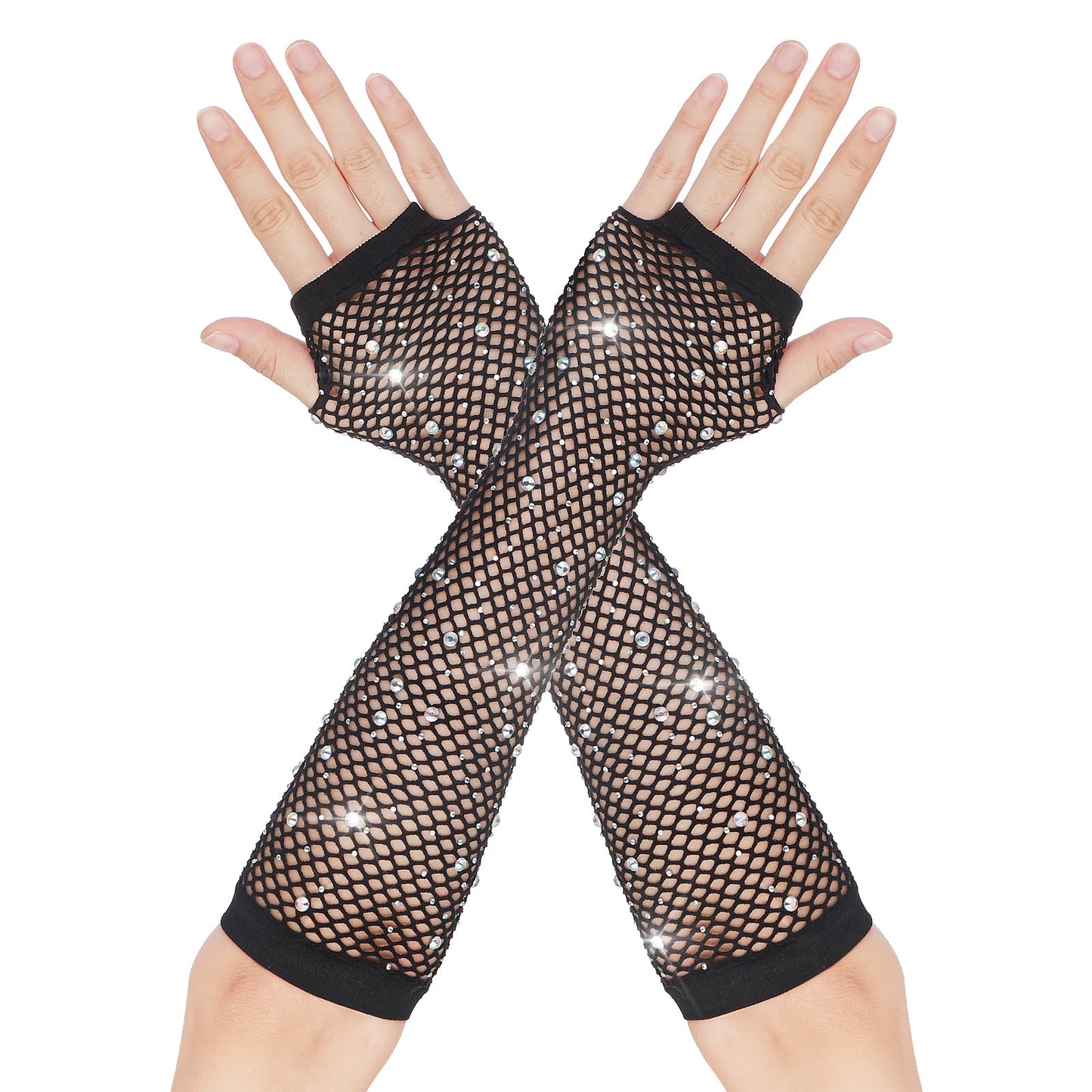 DIVINA VITAE Black Fishnet Rhinestone Gloves Long Fishnet Fingerless Gloves 80s Fish Net Gloves Fashion Fishnet Arm Sleeves Sparkly Mesh Gloves 80 s Emo Scene Accessories for Women Kids