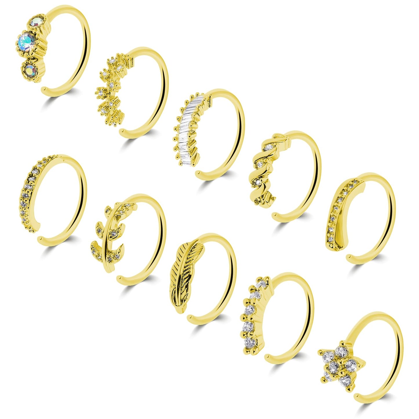 Yolev 10Pcs Nose Rings Hoops Gold Septum Hoops Rhinestones Paved Leaf Feather Hinged Cartilage Tragus Lip Earrings Nose Piercing Hoop for Women(8MM)