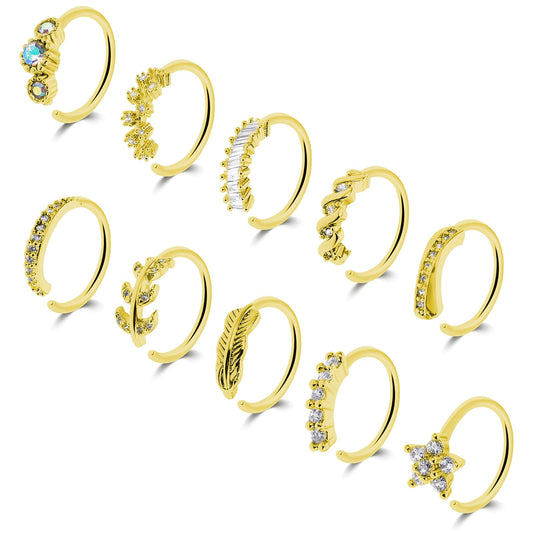 Yolev 10Pcs Nose Rings Hoops Gold Septum Hoops Rhinestones Paved Leaf Feather Hinged Cartilage Tragus Lip Earrings Nose Piercing Hoop for Women(8MM)