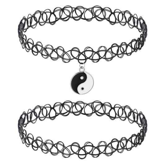 DIVINA VITAE 2 Pcs Black Tattoo Choker Necklace Set for Woman Stretchy Henna Jewelry 90s Choker Necklace Accessories for Women Teen Girls Kids - Black Pendant Charm for Jewelry Gift Summer Style