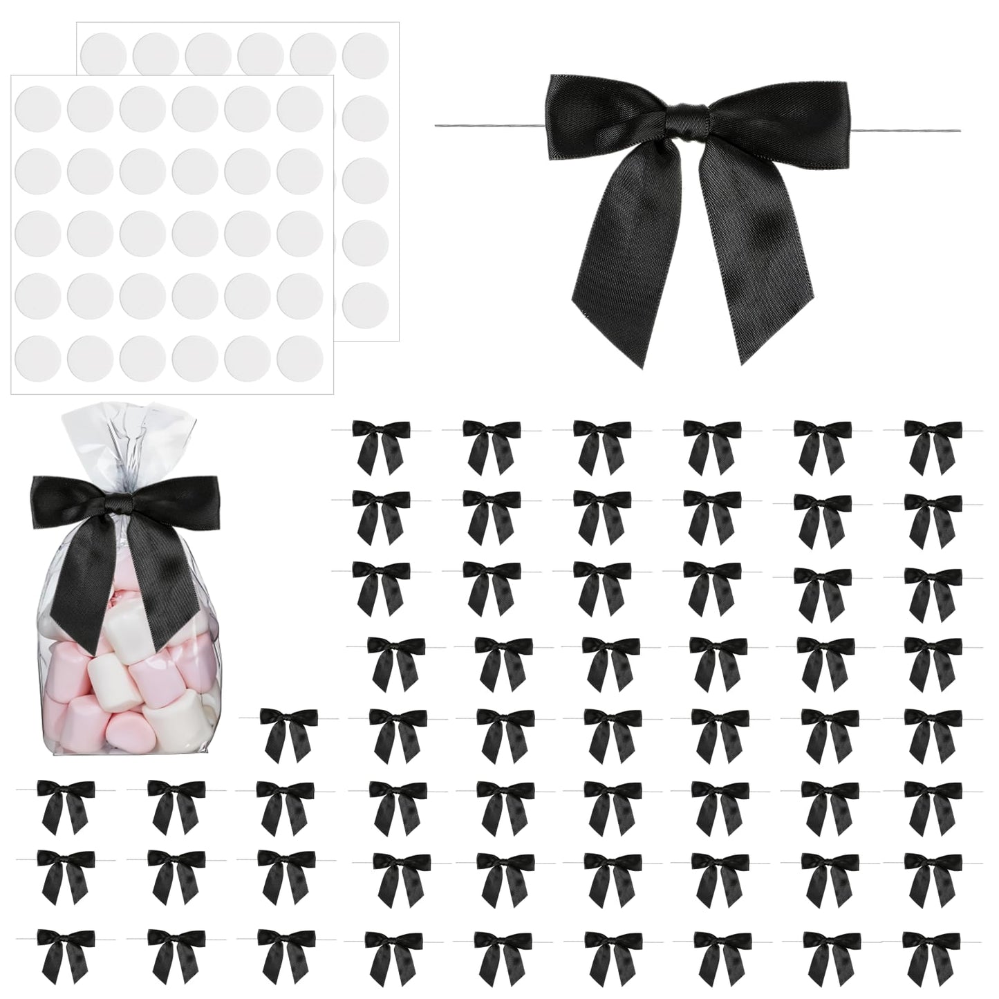 Tucnoeu 60 Pieces Decorative Small Bows Gift Bows Black Gift Bows for Wedding and Crafts Satin Bows with Wire for Gift Wrapping