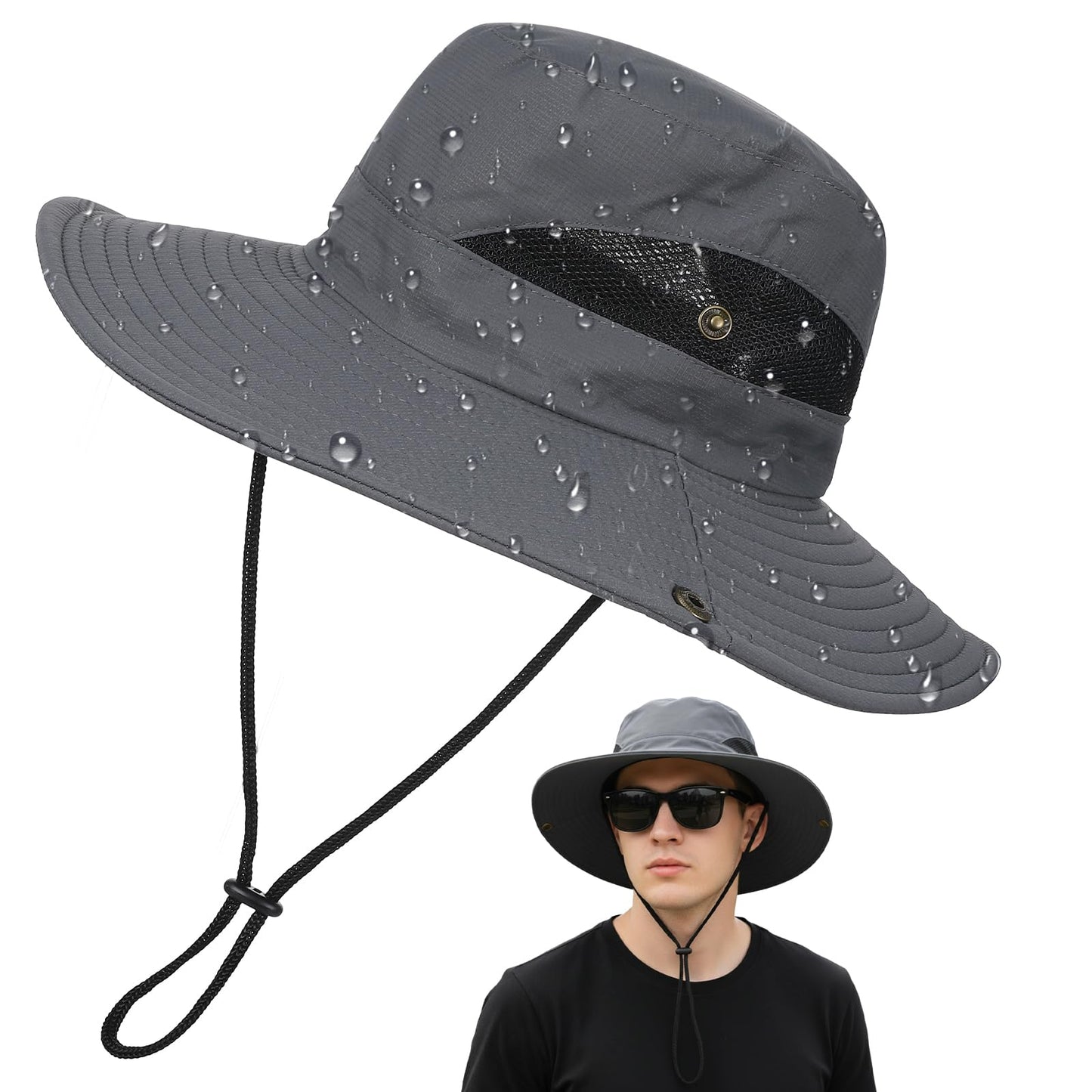 Wide Brim Sun Hats, Waterproof Packable Mission Hat, Lightweight and Breathable, Suitable for Beach Hiking Fishing Summer Grey