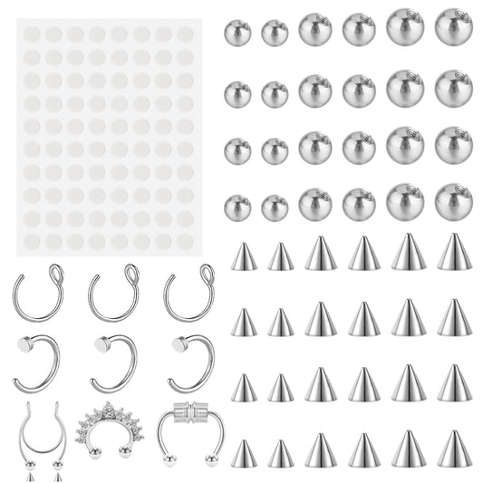 Telooco Fake Eyebrow Ring Fake Lip Nipple Studs Replacement Balls Spike Fake Nose Rings Hoop Fake Septum with 100Pcs Sticker Non-Piercing Body Jewelry 3MM 4MM 5MM