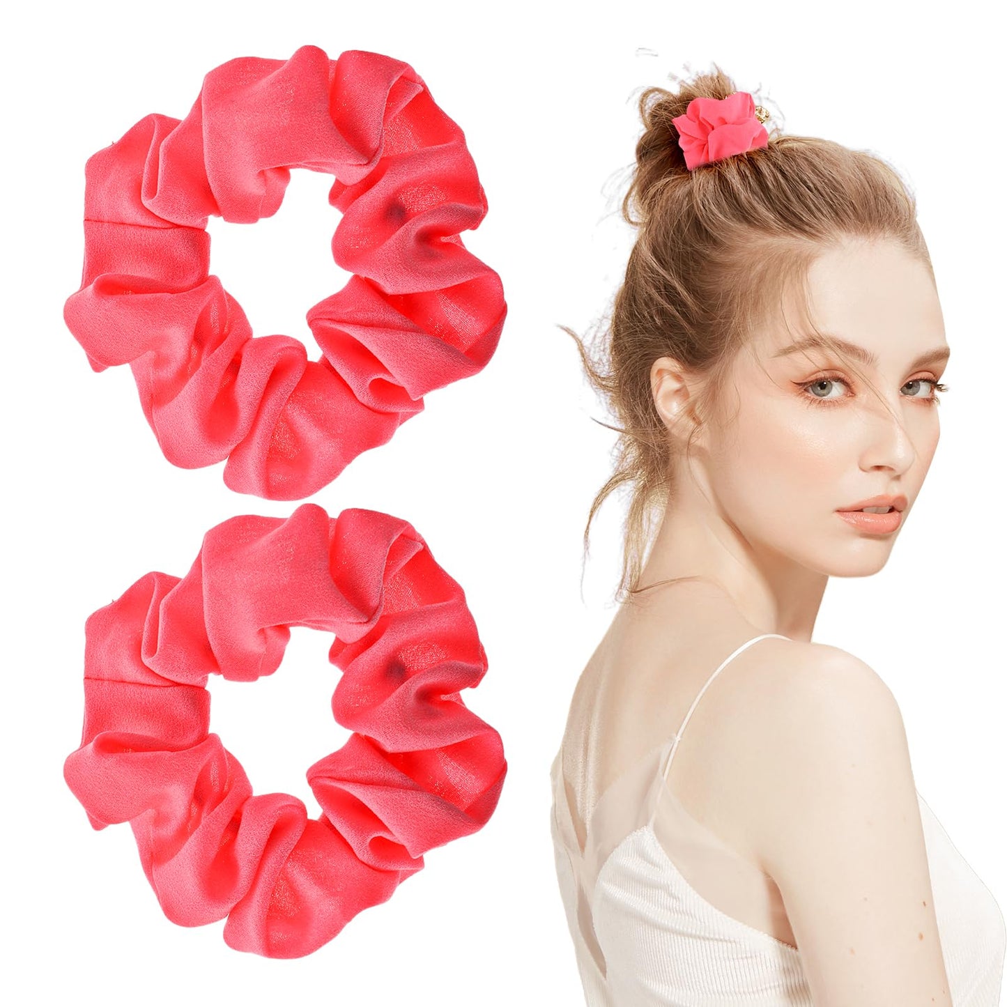 Lusofie 2Pcs Neon Large Hair Scrunchies Hot Pink Scrunchy Pink Voile Elastic Hair Ties Bands Hair Accessories for Women and Girls(4.3-12.6inch)
