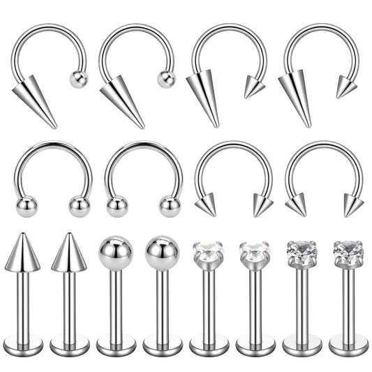 Fiyooau 16Pcs 16g Lip Rings Snake Bite Jewelry Horseshoe Lip Barbell Spike Labret Stud Vampire Fangs Lip Cuff Tragus Helix Earrings Medusa Piercing Jewelry for Women Men, 8mm
