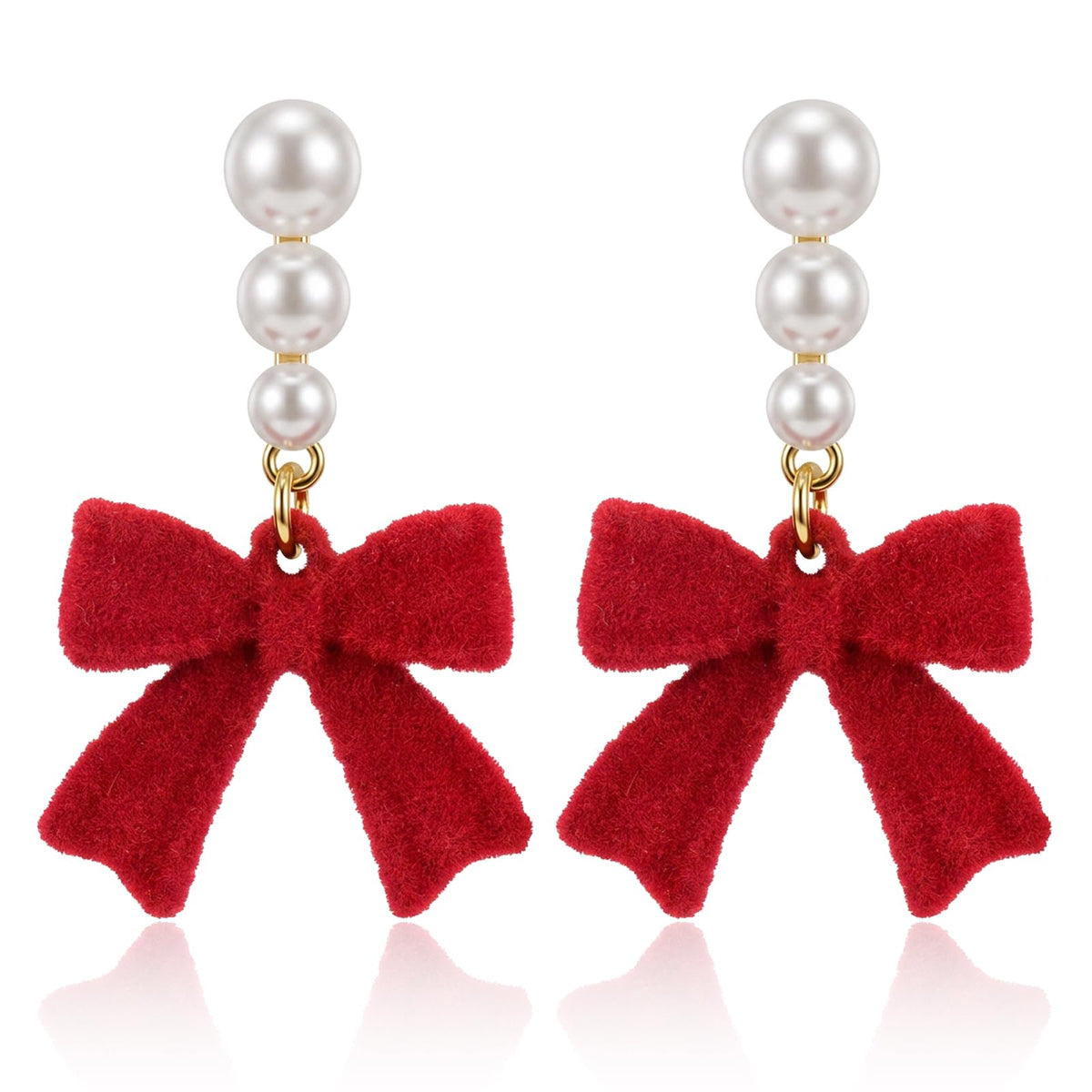 Pearl Bow Earrings,Red Dangle Earrings,Christmas Earrings for Women
