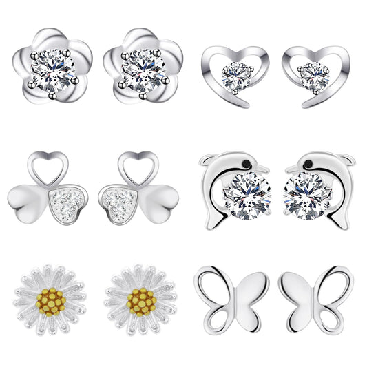Telooco 6 Pairs Silver Stud Earrings for Women Cartilage Hypoallergenic Earrings Set Small Cute Butterfly Heart Flatback Studs for Girls Cubic Zirconia Stud Earrings
