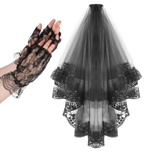 Black Lace Veil, 2 Tiers Short Wedding Veil, Tulle Gothic Veils with Comb